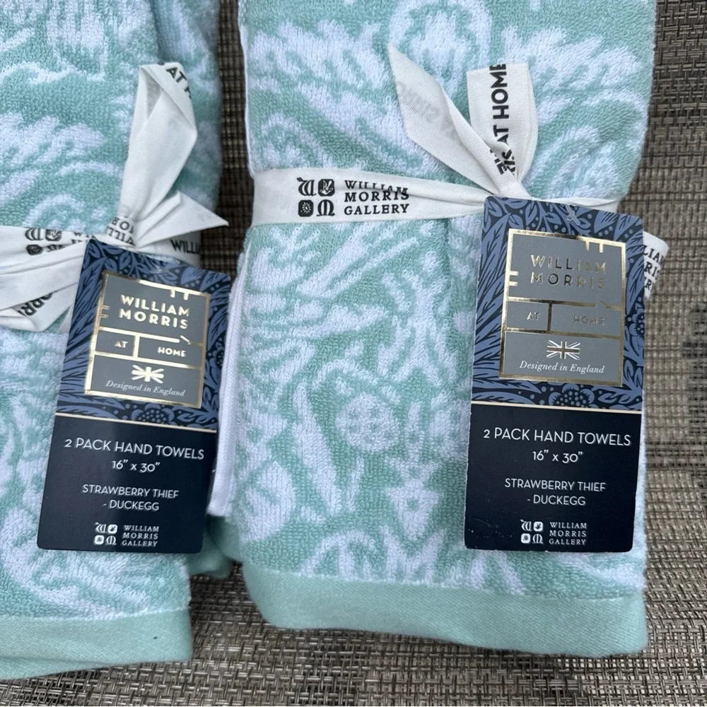 William Morris STRAWBERRY THIEF Duckegg Teal Floral Cotton Hand Towel Set 4pc